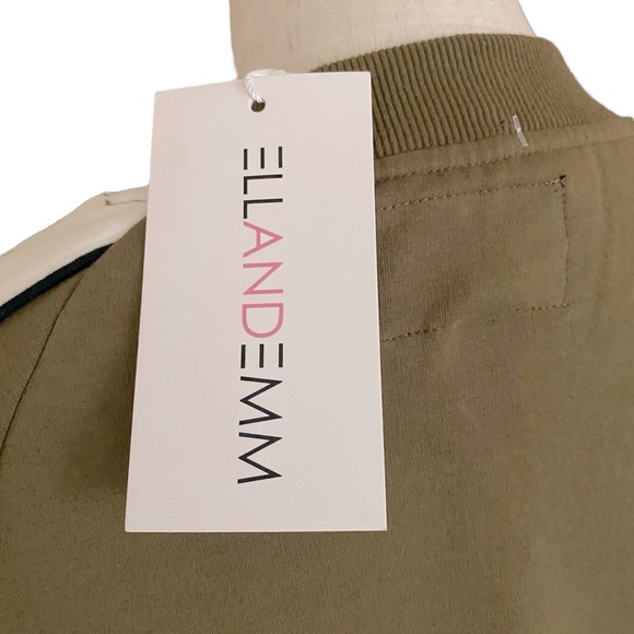 ELLANDEMM Crewneck Sweatshirt White Stripes Black Star Sleeve Detail Olive Green - Picture 7 of 14